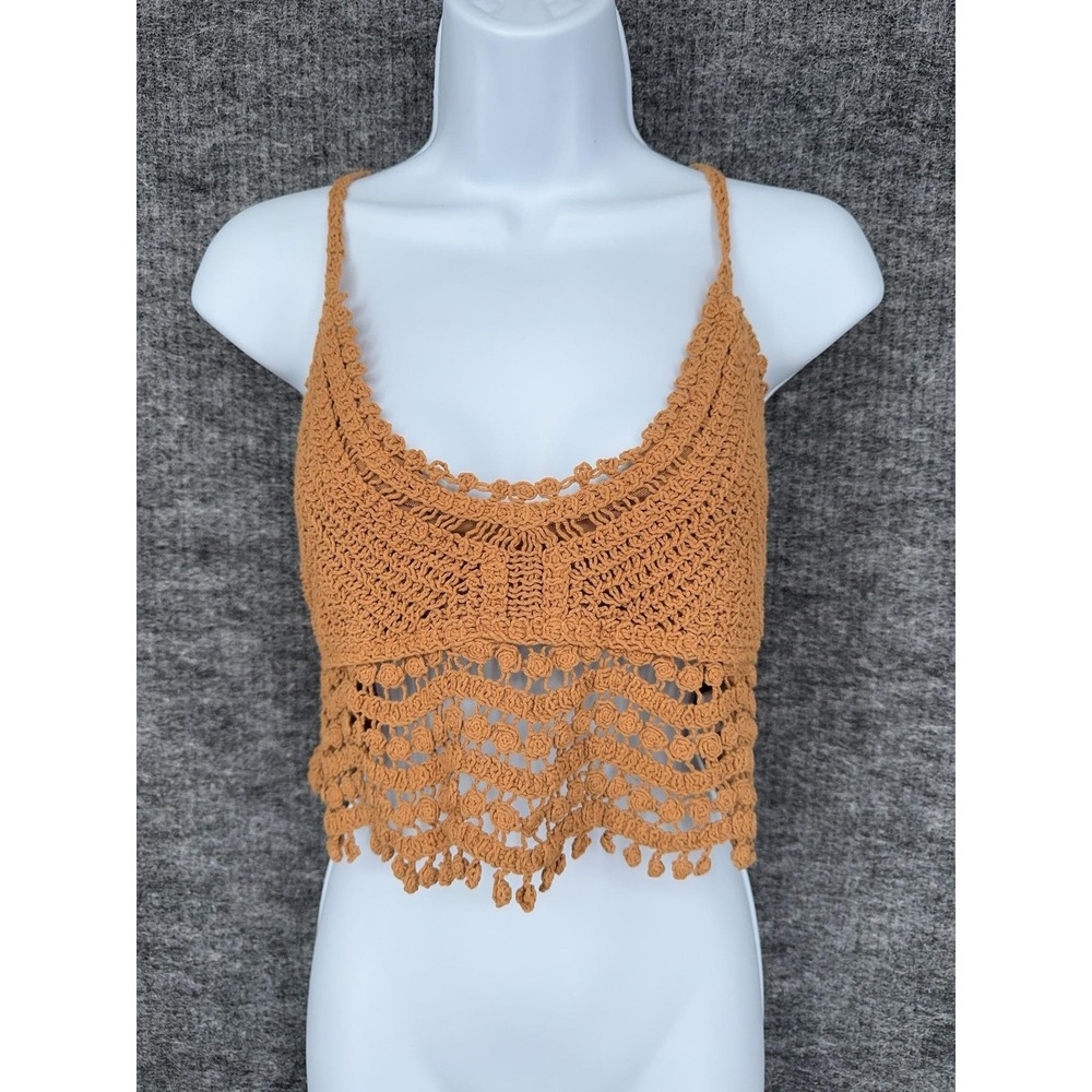 Joyfolie Tank Top Womens L Brown Crochet Scoop Neck Lined Cropped Boho